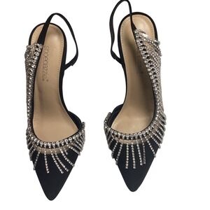 SHOEDAZZLE RHINESTONE FRINGE SLINGBACK STILETTO HEELS BLACK GLAM EVENING SIZE 8